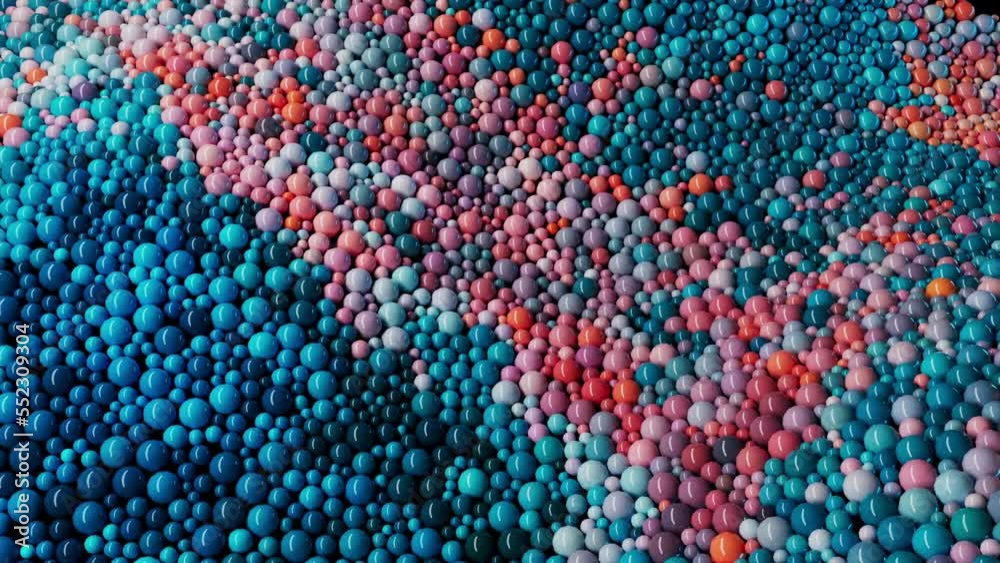 Abstract background. 3D animation consisting of multicolored spheres in blue shades move in space creating a beautiful movement with a bokeh effect