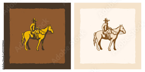 Vintage cowboy riding horse doodle