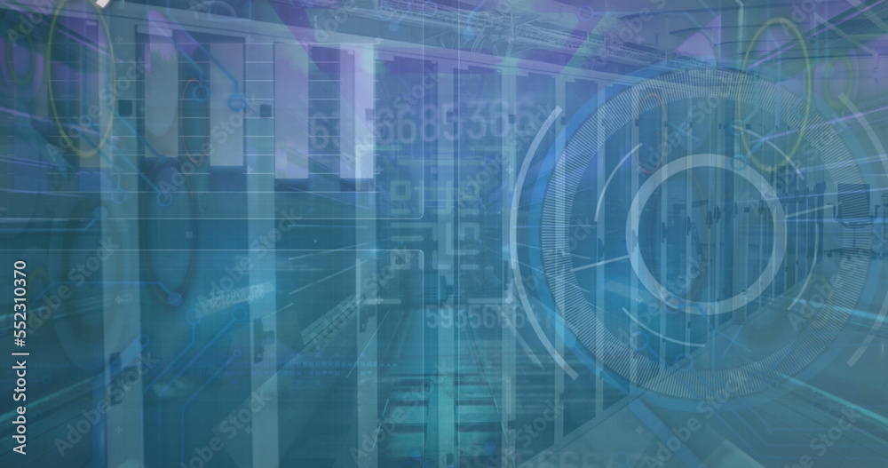 Image of numbers, data processing and sever room Image of numbers, data processing and sever room