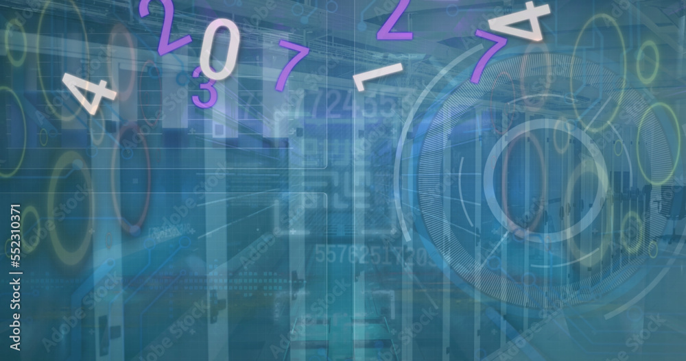 Image of numbers, data processing and sever room