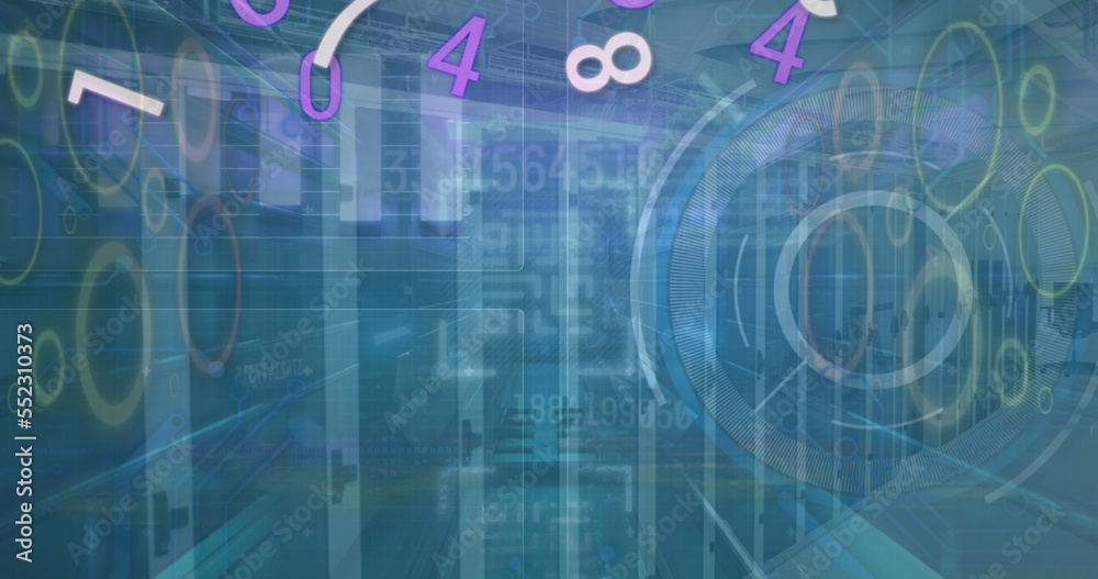 Image of numbers, data processing and sever room Image of numbers, data processing and sever room