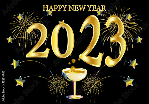 Feliz Año Nuevo 2023 con fuegos artificiales, fuentes, estrellas doradas y copa de champán con burbujas sobre fondo negro