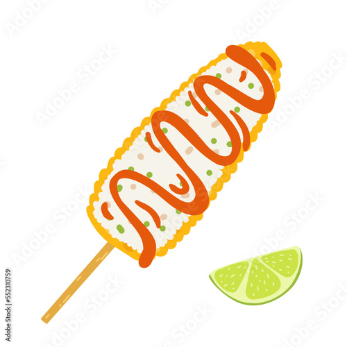 Elot dish in cartoon flat style. Traditional Mexican food, folk cuisine. Hand drawn vector illustration of grilled corn with spices