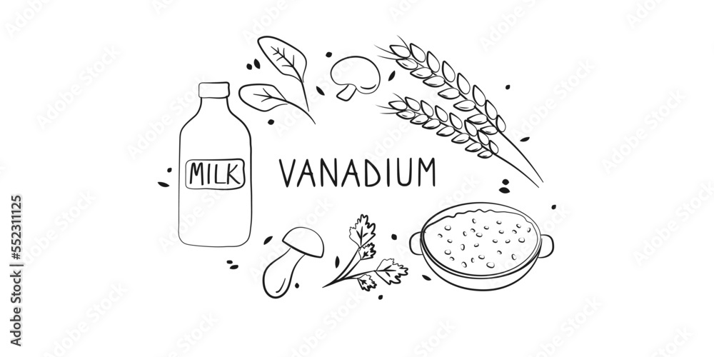Vanadium-containing food. Groups of healthy products containing vitamins and minerals. Set of fruits, vegetables, meats, fish and dairy.