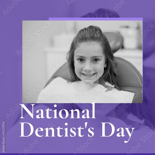 Composition of national dentist's day text and girl patient in surgery