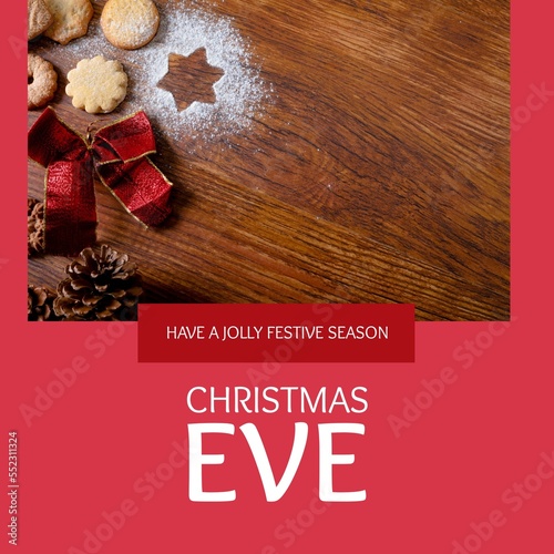 Composition of christmas eve text over christmas decoration