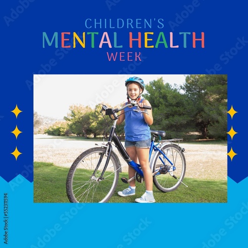 Composition of children's mental health week text and girl on bike