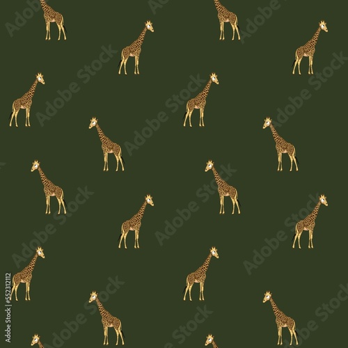 Seamless pattern with giraffes on green background. Illustration with african animals for kids design  textile  paper  books  nursing  greeting.