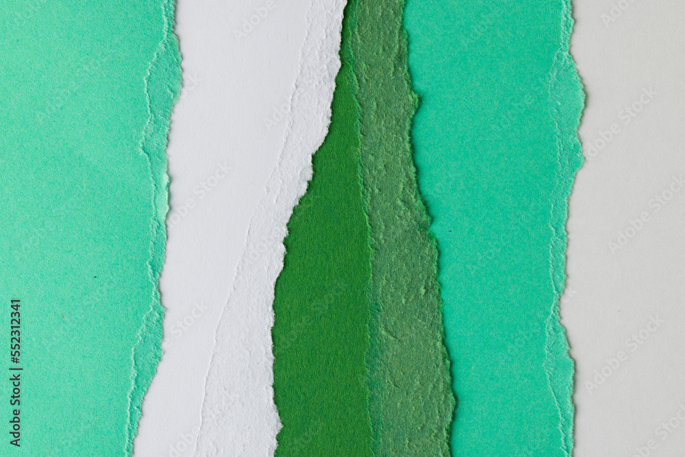 Ripped up pieces of coloured paper and copy space on white background