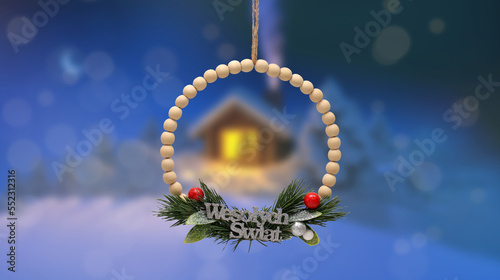 Christmas wreath with Polish inscription Merry Christmas Wesolych Swiat winter landscape in the background and empty space for text photo