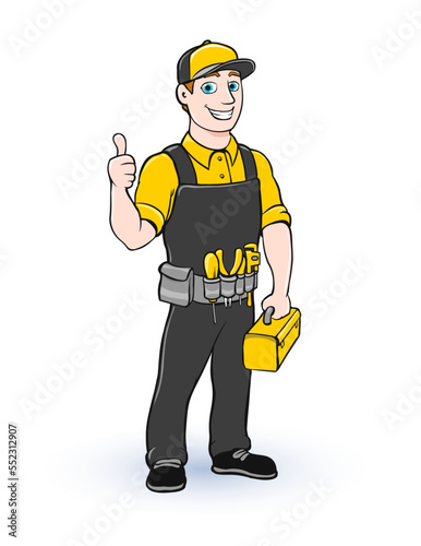 Cartoon illustration of electrician smiling character mascot with toolbox and thumb up on white. Vector