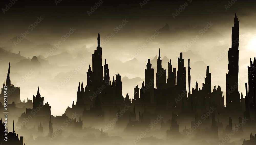 silhouette of the fantasy  city in sunset