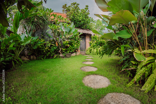 Landscape with tropical plants and path, natural landscaping panorama in garden. Beautiful view of nice landscaped garden in residential backyard.