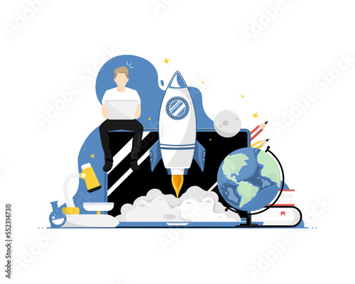Online education concept, Human typing laptop with rocket flying, Digital marketing illustration.