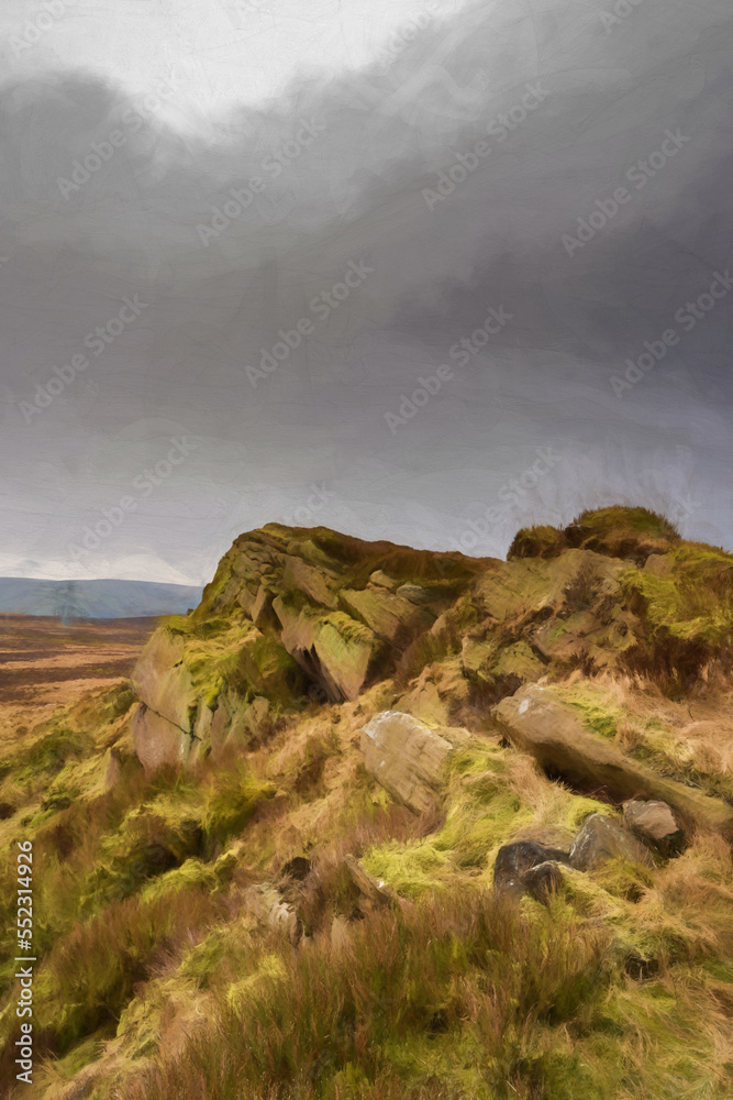 Digital painting of bleak winter panoramic view of Baldstone, and Gib Torr in the Peak District National Park. Digital painting of bleak winter panoramic view of Baldstone, and Gib Torr in the Peak District National Park.