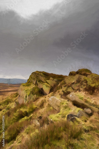 Digital painting of bleak winter panoramic view of Baldstone, and Gib Torr in the Peak District National Park.
