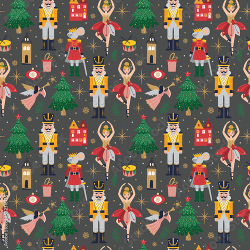Merry Christmas, New Year seamless pattern on dark with Ballerina, Mouse King and Nutcracker. Christmas card with three and toys © olga_milagros