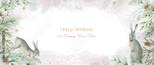 Watercolor vector winter background with rabbits and fir branches.