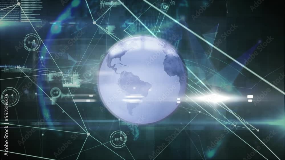 Animation of globes over connected dots and graph icons and lens flares over abstract background Animation of globes over connected dots and graph icons and lens flares over abstract background