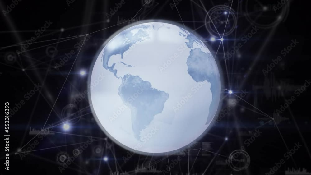 Animation of globe over dots connected with lines and graph icons over abstract background Animation of globe over dots connected with lines and graph icons over abstract background
