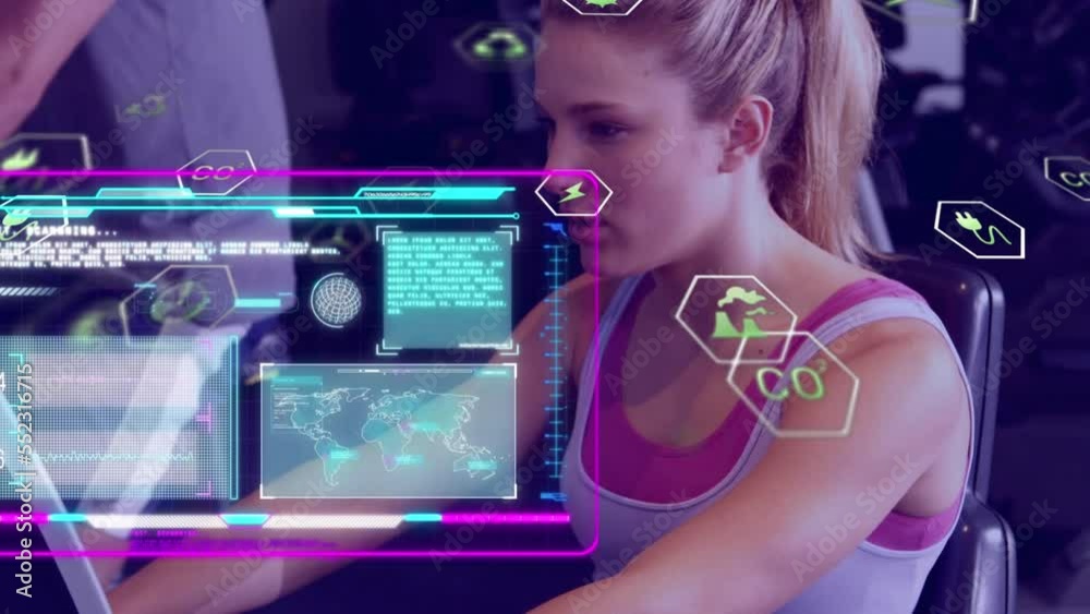 Animation of data processing over woman exercising Animation of data processing over woman exercising