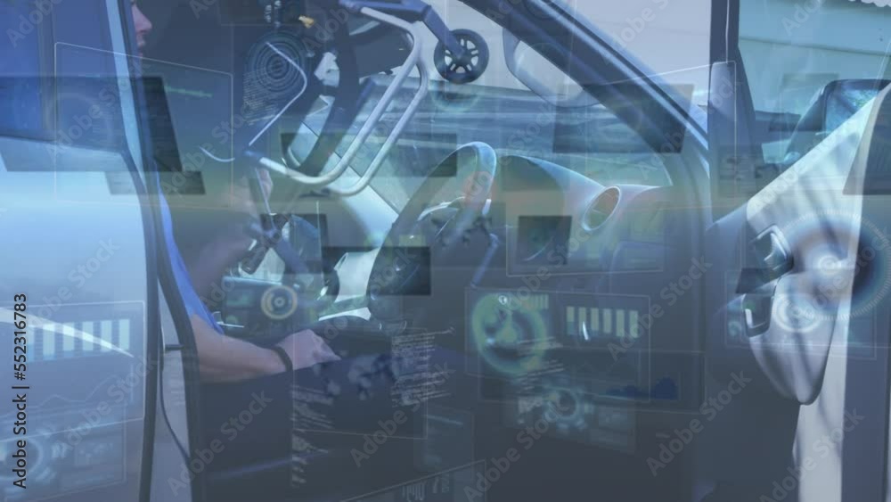 Animation of connections and data processing over man in car