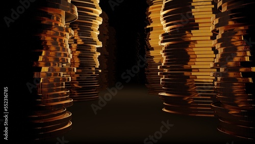 Stacks of coins or poker chips on a table. Gambling, casino background. photo