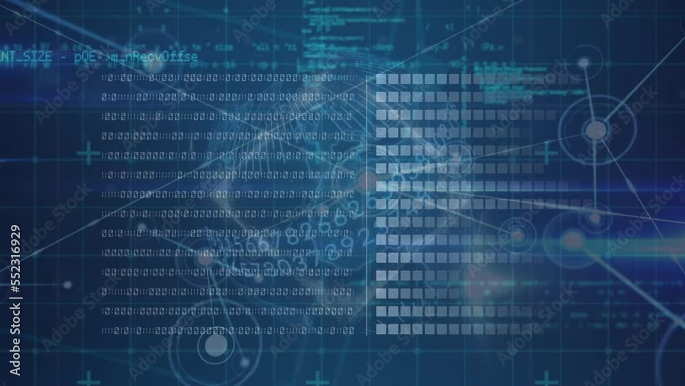 Animation of binary coding, statistics and digital data processing on dark background Animation of binary coding, statistics and digital data processing on dark background