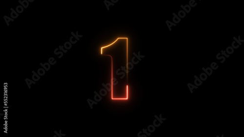 Neon number 1 on black background. One.	
