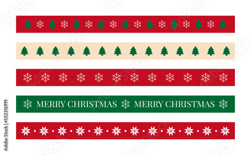 Set of pattern borders for Christmas concept in winter season December. Retro style ribbon design with repeating tree, snow and snowflake shapes.