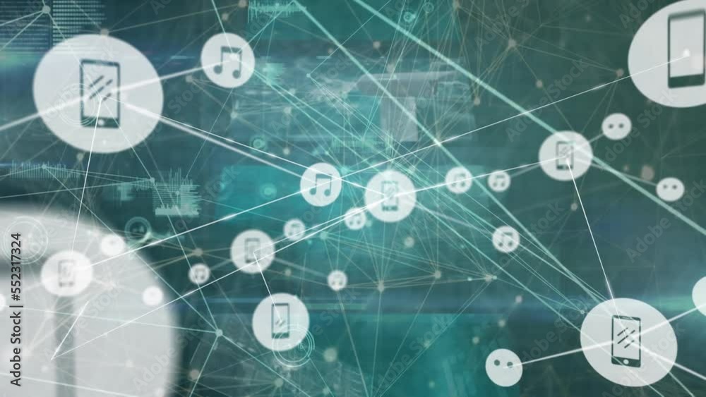 Animation of network of connections with icons with data processing Animation of network of connections with icons with data processing