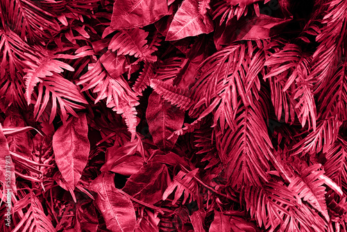 Background from tropical leafs,colored in trendy red color of 2023.