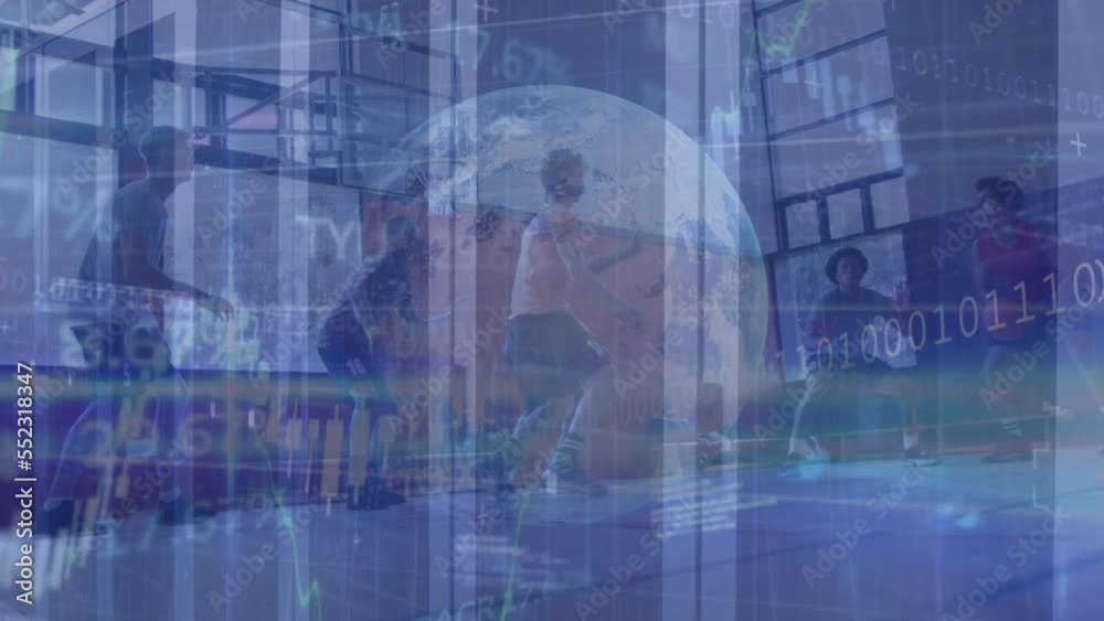 Animation of trading board, graphs, globe, programming codes over diverse players playing basketball Animation of trading board, graphs, globe, programming codes over diverse players playing basketball