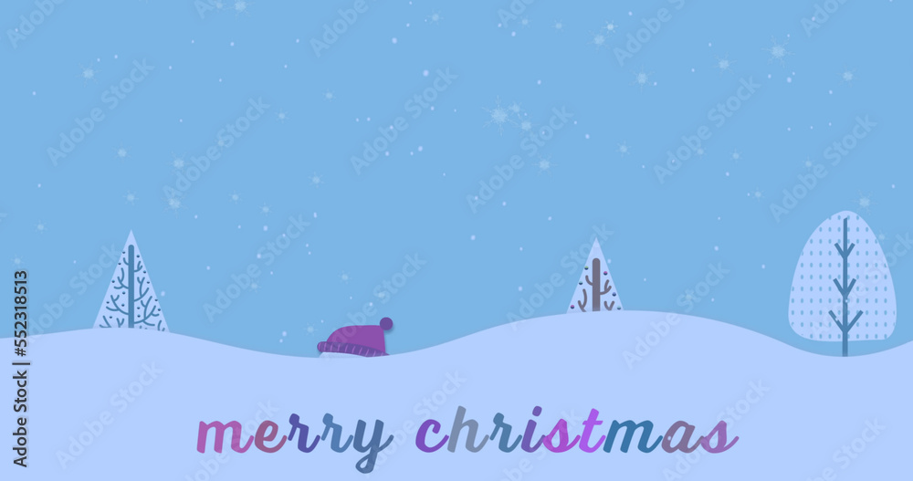 Composite of snow falling over christmas greetings text on blue background
