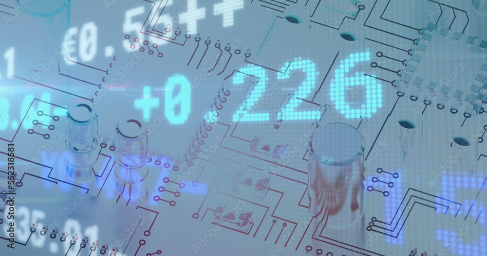Digital image of stock market data processing against microprocessor connections Digital image of stock market data processing against microprocessor connections