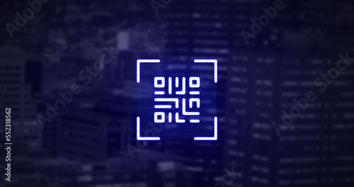 QR code scanner with neon elements against tall buildings