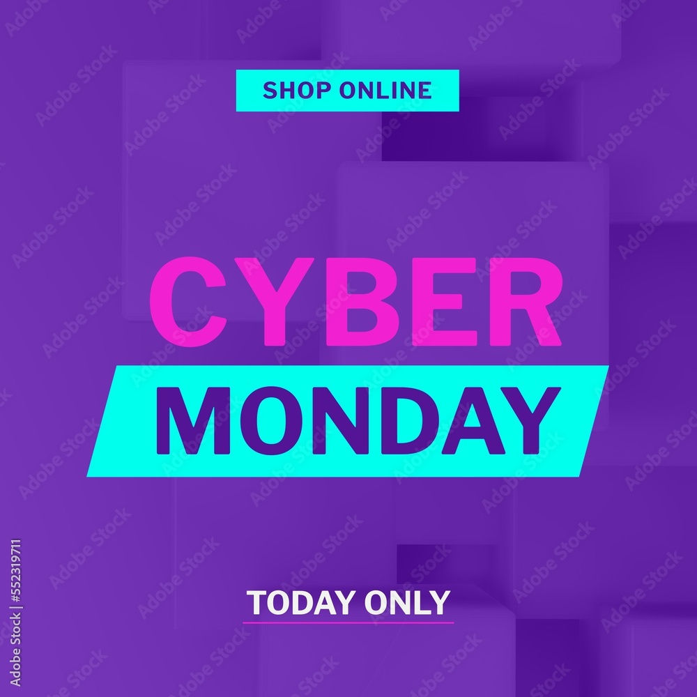 Image of cyber monday on purple background with boxes Image of cyber monday on purple background with boxes