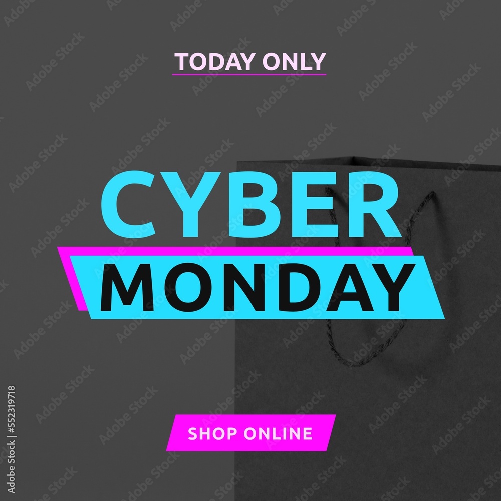 Image of cyber monday on grey background with shopping bag