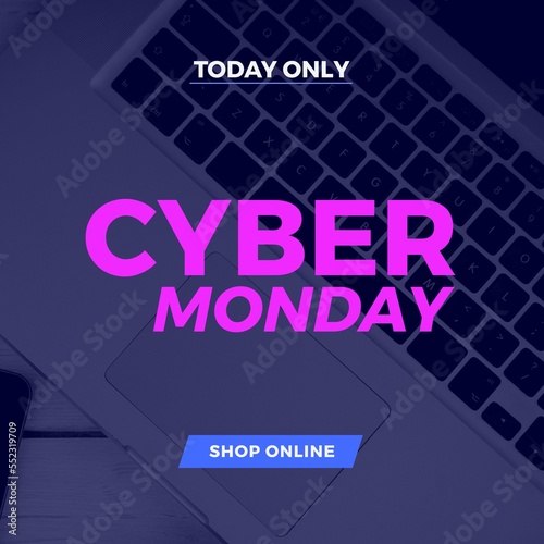 Image of cyber monday on blue background with laptop