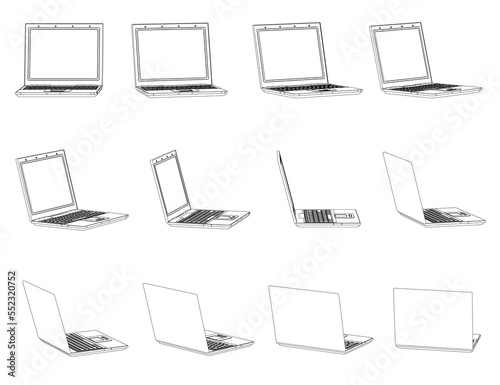 Set with contours of an open laptop turning around from black lines isolated on a white background. 3D. Vector illustration.