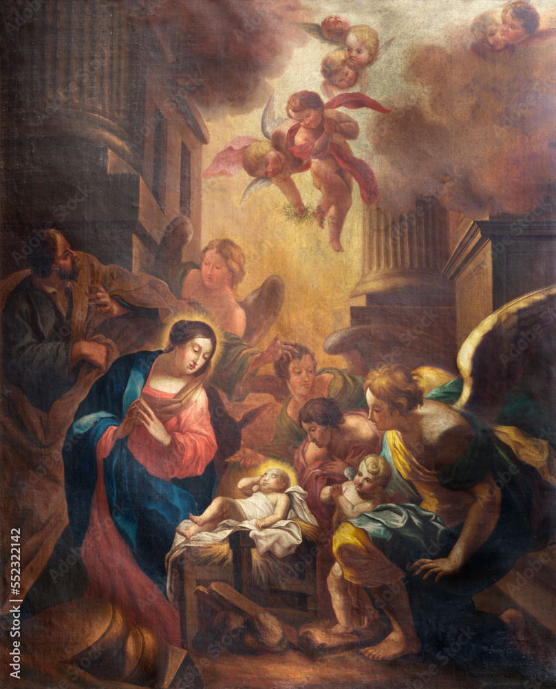 ANNECY, FRANCE - JULY 11, 2022: The  painting of Nativity in church Notre Dame de Lellis (1897).