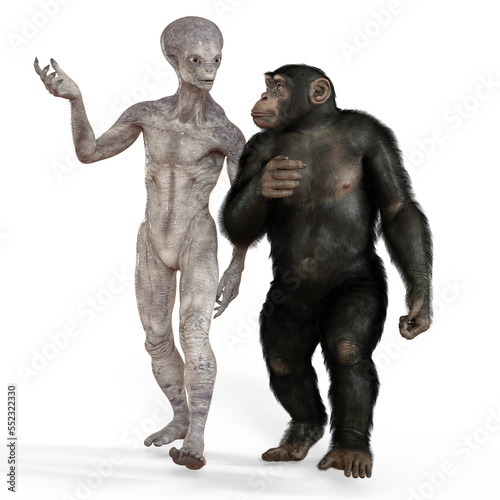 Humanoid alien and chimpanzee monkey  3D illustration