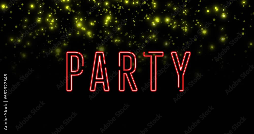 Animation of party text over flashing yellow lights Animation of party text over flashing yellow lights
