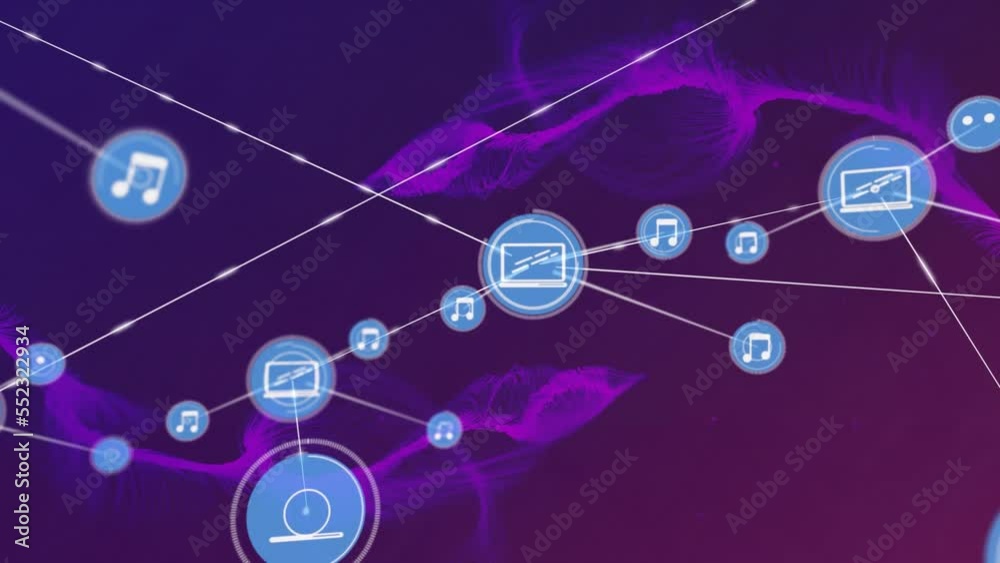 Animation of network of digital icons over purple digital waves against gradient background Animation of network of digital icons over purple digital waves against gradient background