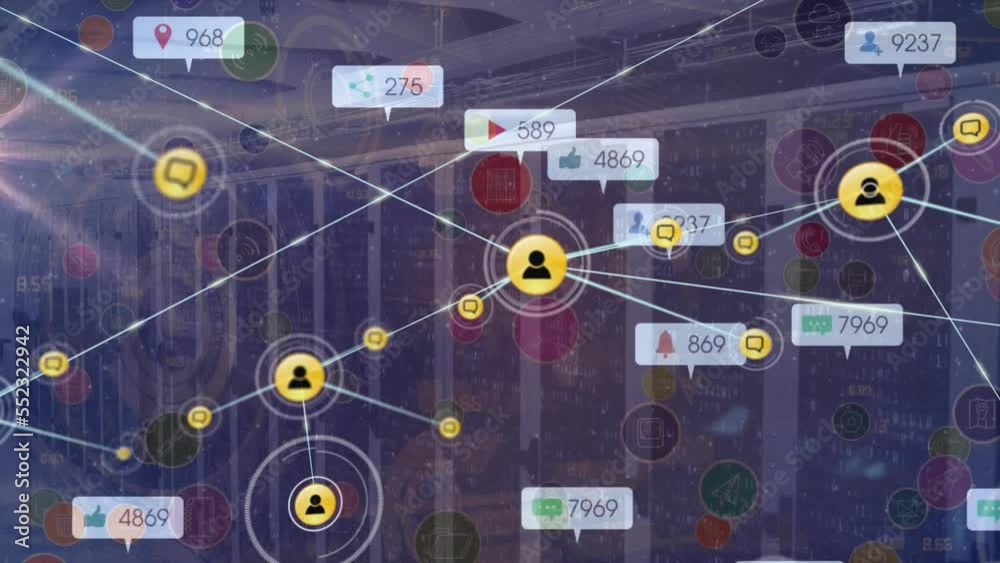 Animation of network of connections and social media icons over servers Animation of network of connections and social media icons over servers