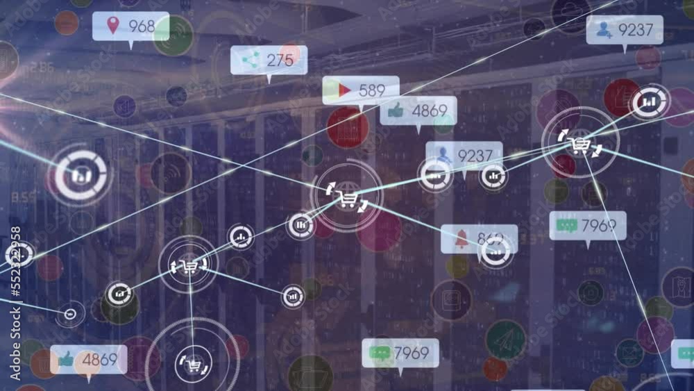Animation of network of connections and social media icons over servers Animation of network of connections and social media icons over servers