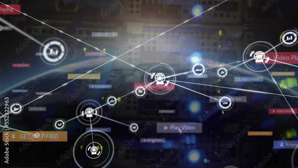Animation of network of connections and social media icons Animation of network of connections and social media icons