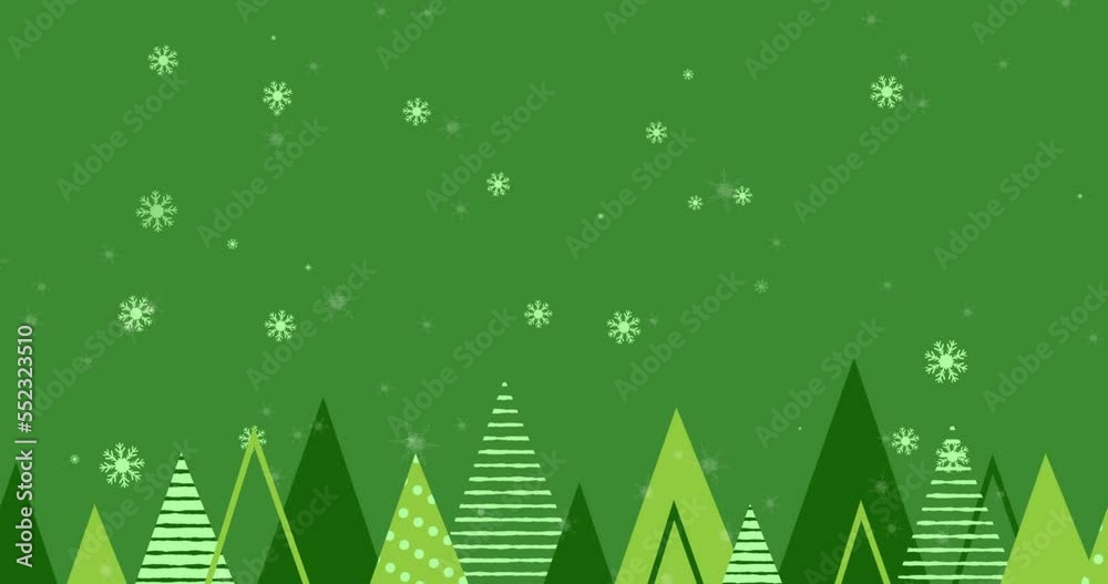 Animation of christmas trees and snow falling on green background