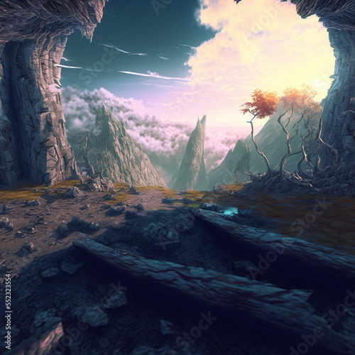 3d illustration of in-game landscape created by generative ai © lndstock