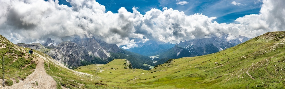 Famous Tre Cime di Lavaredo at summer time. Landscape of Alps Mountains. Dolomites, Alps, Italy, Europe (Drei Zinnen)